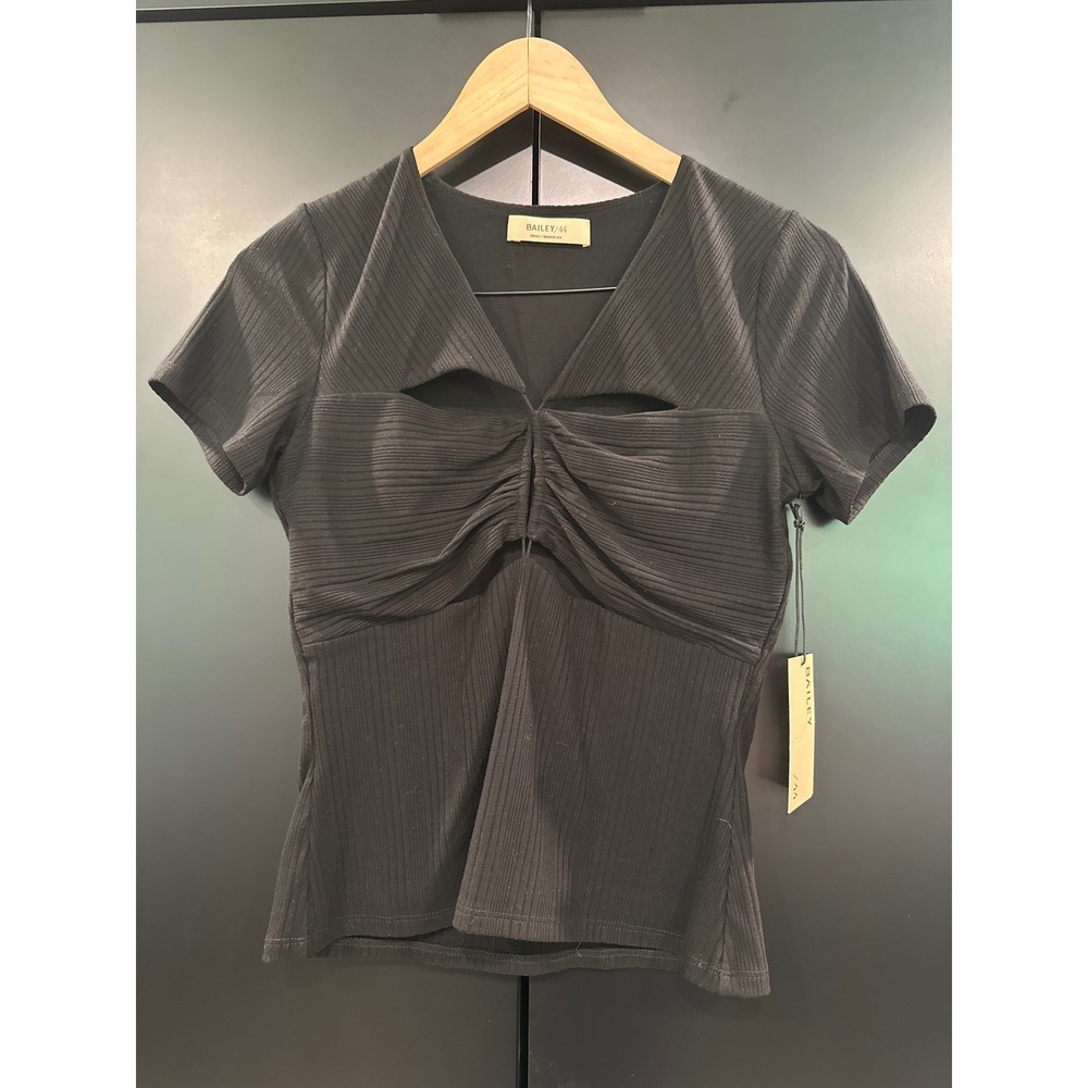 Bailey 44 Florence Rib Top Black Cutout Ruched V-Neck Short Sleeve Blouse Small